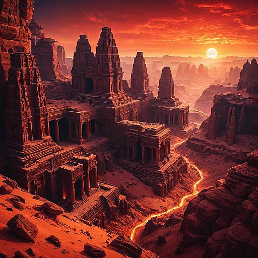 Ancient Sandstone Temples in Misty Desert Canyon at Sunset
