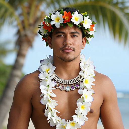 Photograph of a shirtless, tan-skinned man with a flower crown and lei, wearing a silver necklace with purple accents, standing in front of