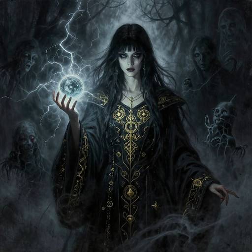 Dark fantasy digital painting: pale, black-haired woman in ornate black robe, holding glowing, lightning-encircled orb, surrounded by shadowy