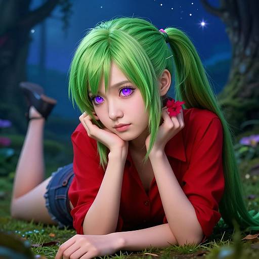 Digital anime-style artwork of a green-haired girl with purple eyes, lying in a moonlit forest, wearing a red shirt and denim shorts, resting her