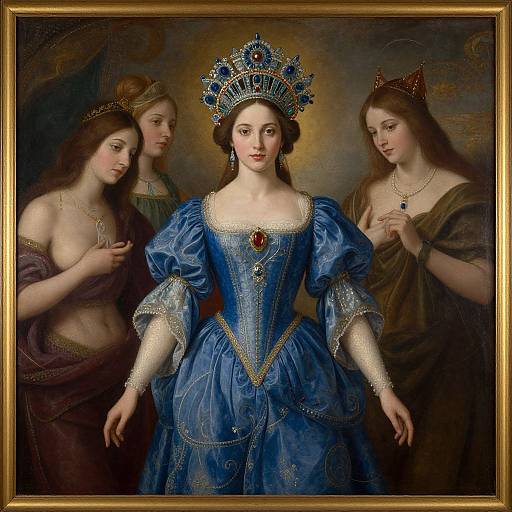 Baroque-style painting of a regal woman in a blue, embroidered gown with a jeweled crown, flanked by three attendants in Renaissance attire