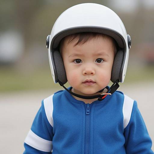 Photograph of a cute Asian baby with fair skin, wearing a white helmet and blue and white zip-up shirt, looking directly at the camera. Bl