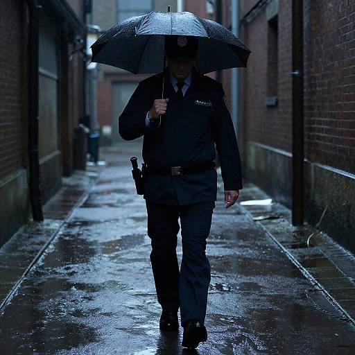 Photograph of a lone, dark-clad security guard holding a black umbrella, walking down a wet, narrow, urban alley at night.
