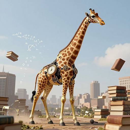 Digital illustration of a robotic giraffe with clock and gear mechanisms, standing in a cityscape with floating books and a clear blue sky.