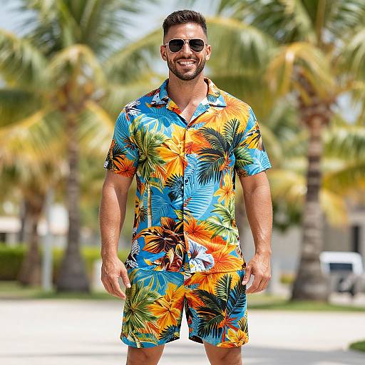 Photograph of a smiling, bearded man with short dark hair wearing a colorful, Hawaiian-style shirt and shorts, standing outdoors in front of palm trees