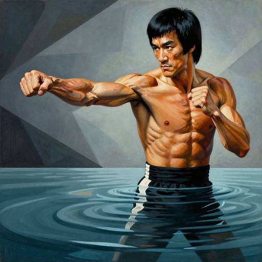 Digital illustration of a muscular, shirtless Asian man with black hair, flexing his arms in a pool, wearing black swim trunks.