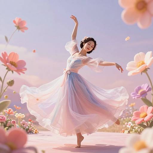 Digital illustration of a smiling woman in a flowing white and blue dress, dancing in a vibrant, sunlit flower field.
