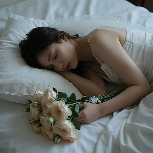 Photograph of an Asian woman in a white wedding dress, sleeping on a white bed, holding a bouquet of pale pink roses.