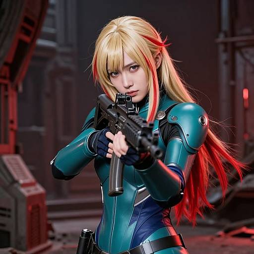 Digital artwork of a blonde woman with red highlights, in a teal and black armored suit, aiming a gun in a dark, industrial setting. Intense