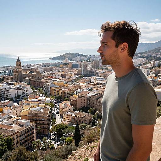 Photograph of a young man with short brown hair and light beard, wearing a gray t-shirt, standing on a rooftop overlooking a sunlit coastal city