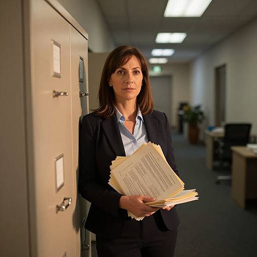 Photograph of a serious-looking woman with brown hair, wearing a black suit and blue shirt, holding a stack of papers, standing in a dimly