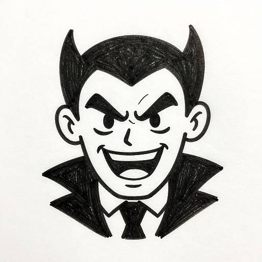 Black and white cartoon drawing of a grinning villain with spiked hair, sharp eyes, and a high-collared jacket, resembling classic comic book style