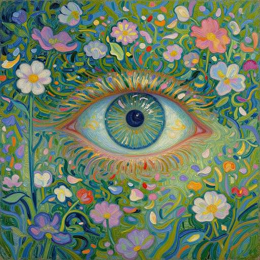Vibrant, surreal painting of a single blue-green eye surrounded by colorful, swirling flowers and leaves in rich greens, pinks, and blues.