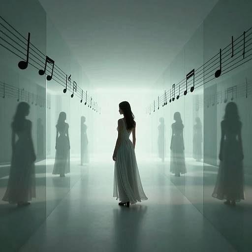 Silhouetted woman in flowing dress stands in glowing, mirrored hallway with musical notes, creating a surreal, ethereal atmosphere. Digital art.