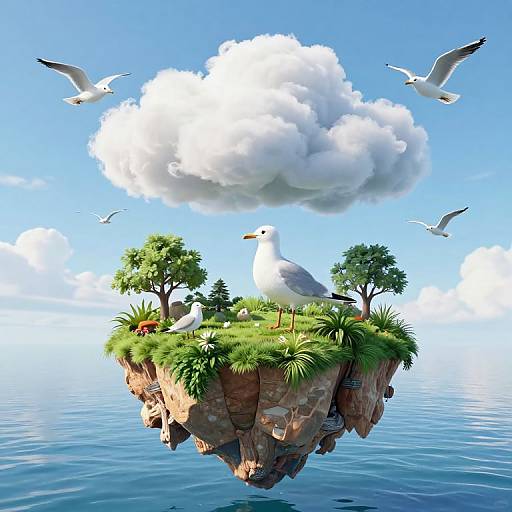 Photorealistic CGI of a floating island with seagulls, grass, and trees, surrounded by calm blue water and a bright sky with a large