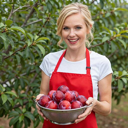 Blonde woman with fair skin, smiling, wearing red apron over white shirt, holding bowl of ripe plums, standing in lush plum orchard