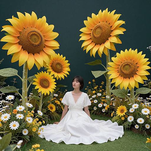 Photograph of an Asian woman in a white dress, surrounded by oversized sunflowers and white daisies, against a dark green background.