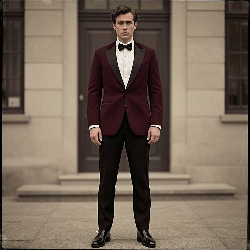 Photograph of a serious, tall Caucasian man with dark brown hair in a black bow tie, white shirt, and burgundy tuxedo, standing
