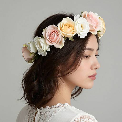 Photograph of an Asian woman with shoulder-length black hair, wearing a white lace top, and a pastel flower crown, gazing softly to the