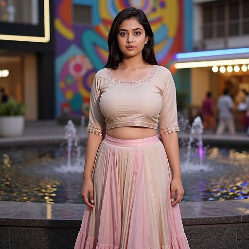 Photograph of a young South Asian woman with medium skin tone, straight black hair, wearing a white cropped top and pink chiffon skirt, standing in