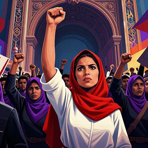 Digital art of a determined South Asian woman with a red hijab, raised fist, leading a protest inside a grand, ornate archway. Surround