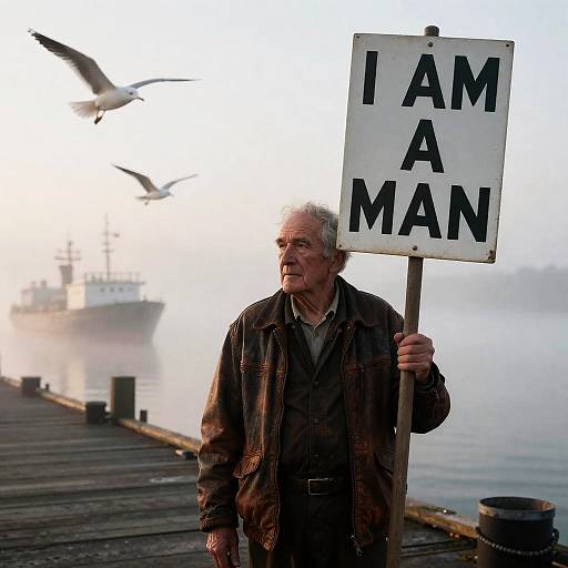 Elderly Man at Foggy Docks Dawn