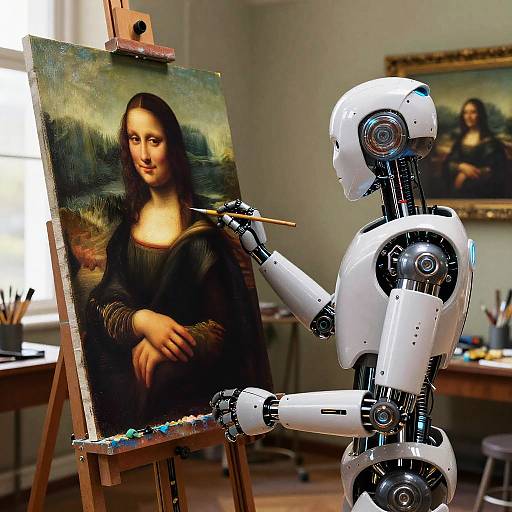 Photograph of a white robotic arm painting a Mona Lisa portrait on canvas in a brightly lit studio with art supplies.