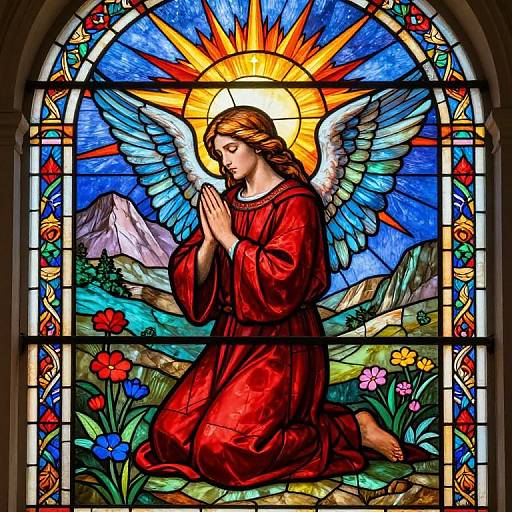 Vibrant stained glass window depicting a kneeling angelic figure with blue wings, praying before a radiant sun, amidst colorful flowers and mountains.