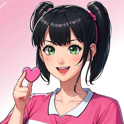 Anime-style digital drawing of a cute, smiling girl with green eyes, black twin-tails, pink hairband, holding a pink heart, wearing a