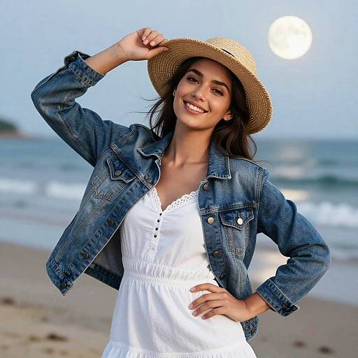 Photograph of a smiling woman with tan skin, wearing a straw hat, denim jacket, and white dress, standing on a beach with the sun and