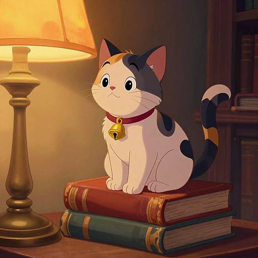 Cartoon cat with black and white fur, bell collar, sits on stacked books under warm lamp light in cozy room.