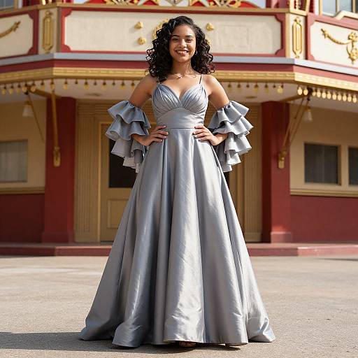 Photograph of a smiling woman with curly black hair, wearing a silver, off-shoulder, ruffled ball gown, standing in front of an