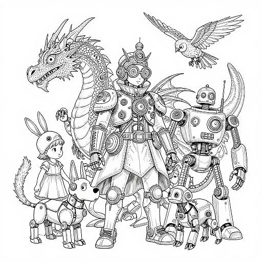 Black and white line drawing of anthropomorphic characters: dragon, rabbit, bird, and robotic figures, standing together in a detailed, intricate style.