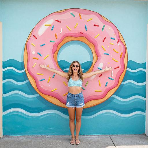 Joyful Woman Posing by Surfing Donut Mural