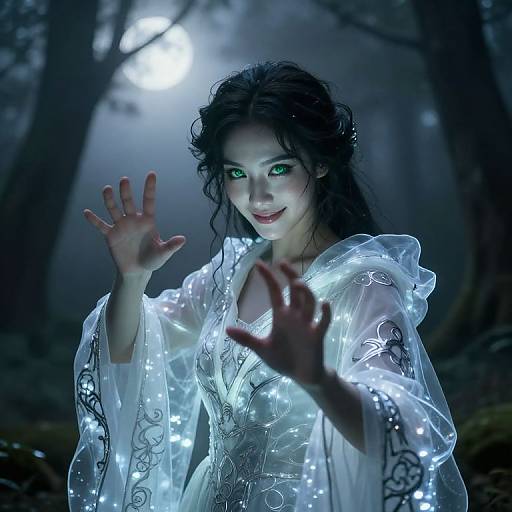 Enigmatic Female Illusionist in Moonlit Forest