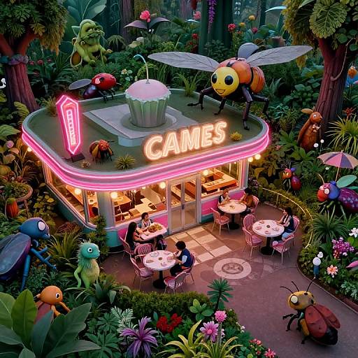 Whimsical photograph of a neon-lit, insect-themed café surrounded by colorful, oversized garden insects and vibrant plants, with patrons seated at tables.