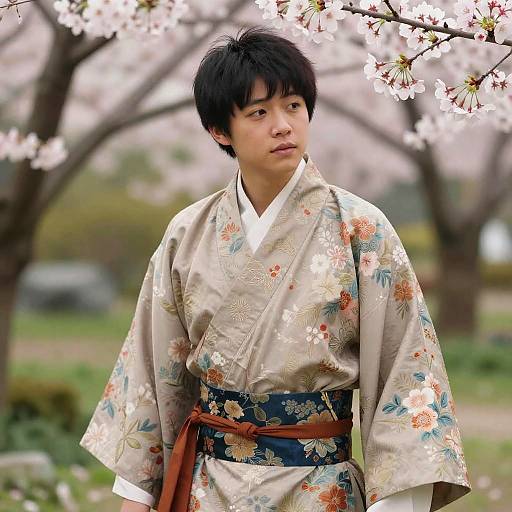 Thick Asian Character in Cherry Blossom Garden