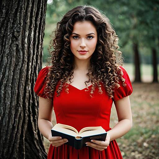 Young Woman in Red Dress Reading Outdoors