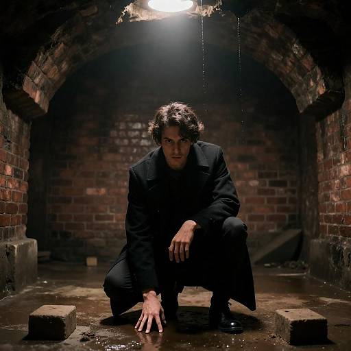 Crouching Man in Dim Brick Cavern
