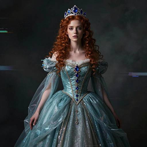 Photograph of a fair-skinned woman with long red curls, wearing a sparkling blue princess gown and silver tiara, against a dark background.
