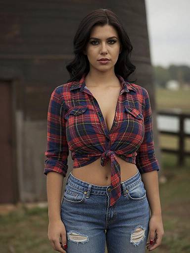 Woman in Plaid Shirt and Distressed Jeans by Historic Mill