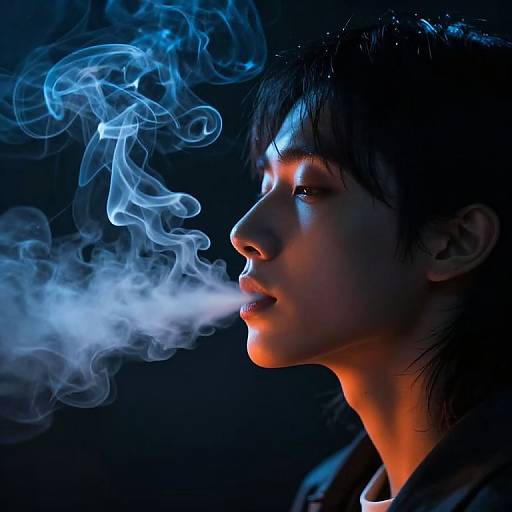 Photograph of an Asian woman with black hair, illuminated by blue light, exhaling a swirling blue smoke against a dark background.