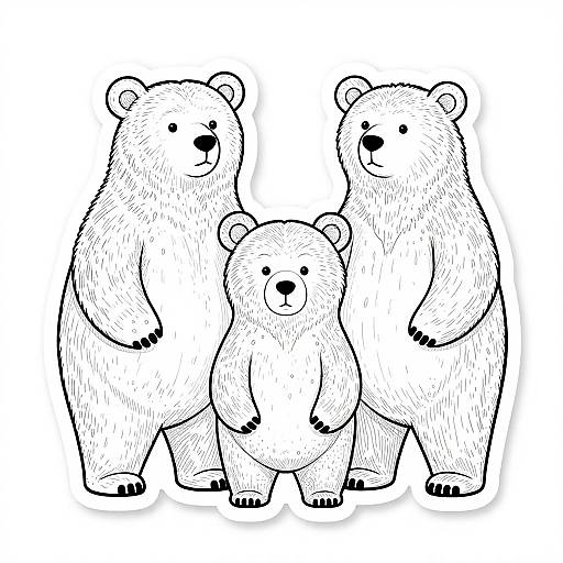 Black-and-white line drawing of three cartoon bears: two standing tall on the sides and one smaller bear in the center.