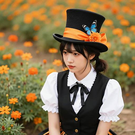 Woman in Mad Hatter Costume in Flower Field