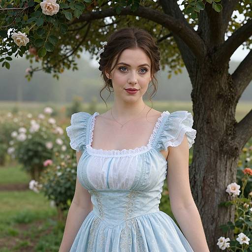 Photograph of a fair-skinned woman with brown hair in a white, puffed-sleeve, blue dress standing under a blooming tree with