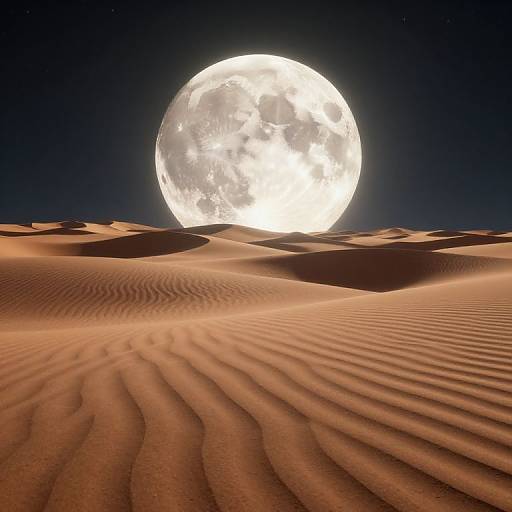 Photograph of a vast desert with rippled sand dunes under a glowing, full moon in a dark, starless night sky.