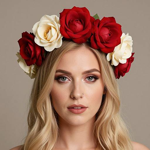 Photograph of a blonde woman with wavy hair, wearing a red and white flower crown, nose piercing, and neutral makeup, against a gray background