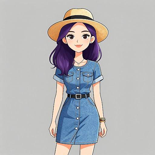 Digital anime-style drawing of a smiling woman with long purple hair, wearing a straw hat, blue denim dress with buttons, and black belt. Light blue