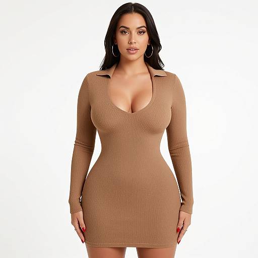 Photograph of a curvy woman with long black hair, wearing a tight, ribbed, beige, long-sleeve dress with a deep V