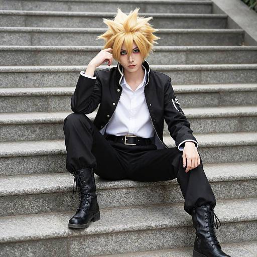 Female Cosplayer in Black Outfit on Stone Steps